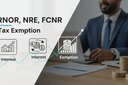 Professional graphic showing financial icons for interest, exchange, and tax exemption with text "RNOR, NRE, FCNR Tax Exemption" and a blurred background of a business person working on a laptop with coins.