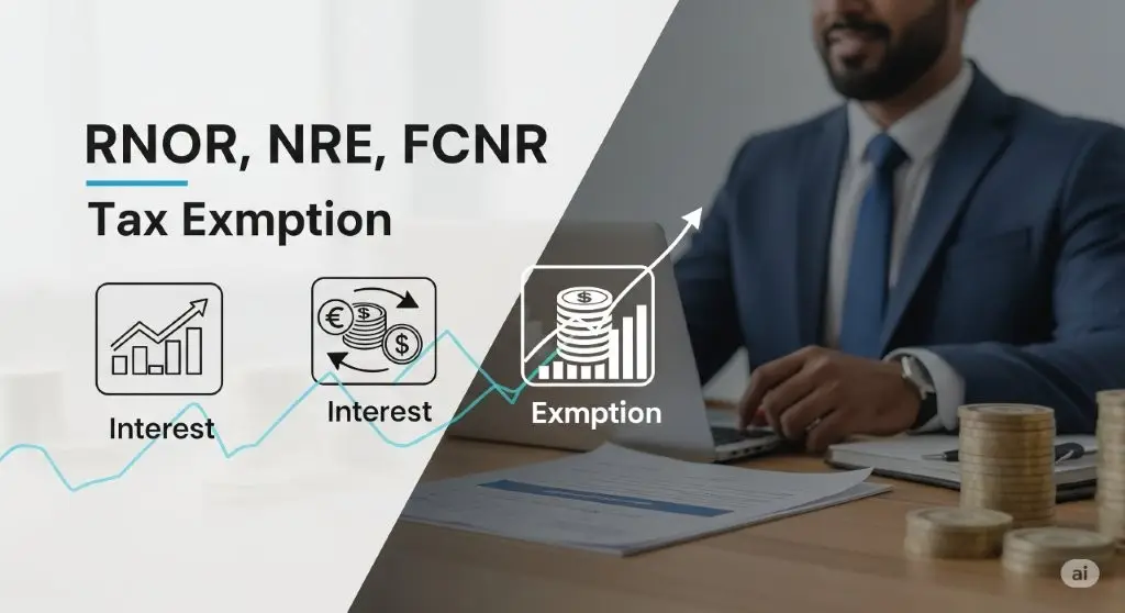 Professional graphic showing financial icons for interest, exchange, and tax exemption with text "RNOR, NRE, FCNR Tax Exemption" and a blurred background of a business person working on a laptop with coins.