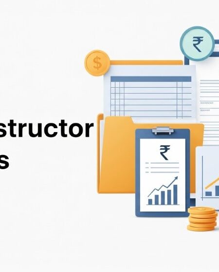 Illustration for a blog post about Indian Udemy instructor taxes, showing a calculator, coins, Indian Rupee symbol, and a subtle Udemy logo, emphasizing tax compliance and savings.