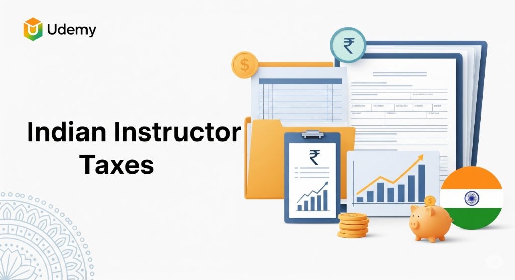 Illustration for a blog post about Indian Udemy instructor taxes, showing a calculator, coins, Indian Rupee symbol, and a subtle Udemy logo, emphasizing tax compliance and savings.