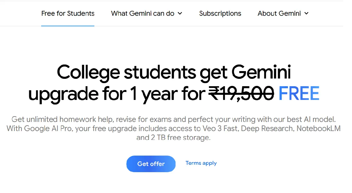 Google Gemini Free AI Pro Plan for students